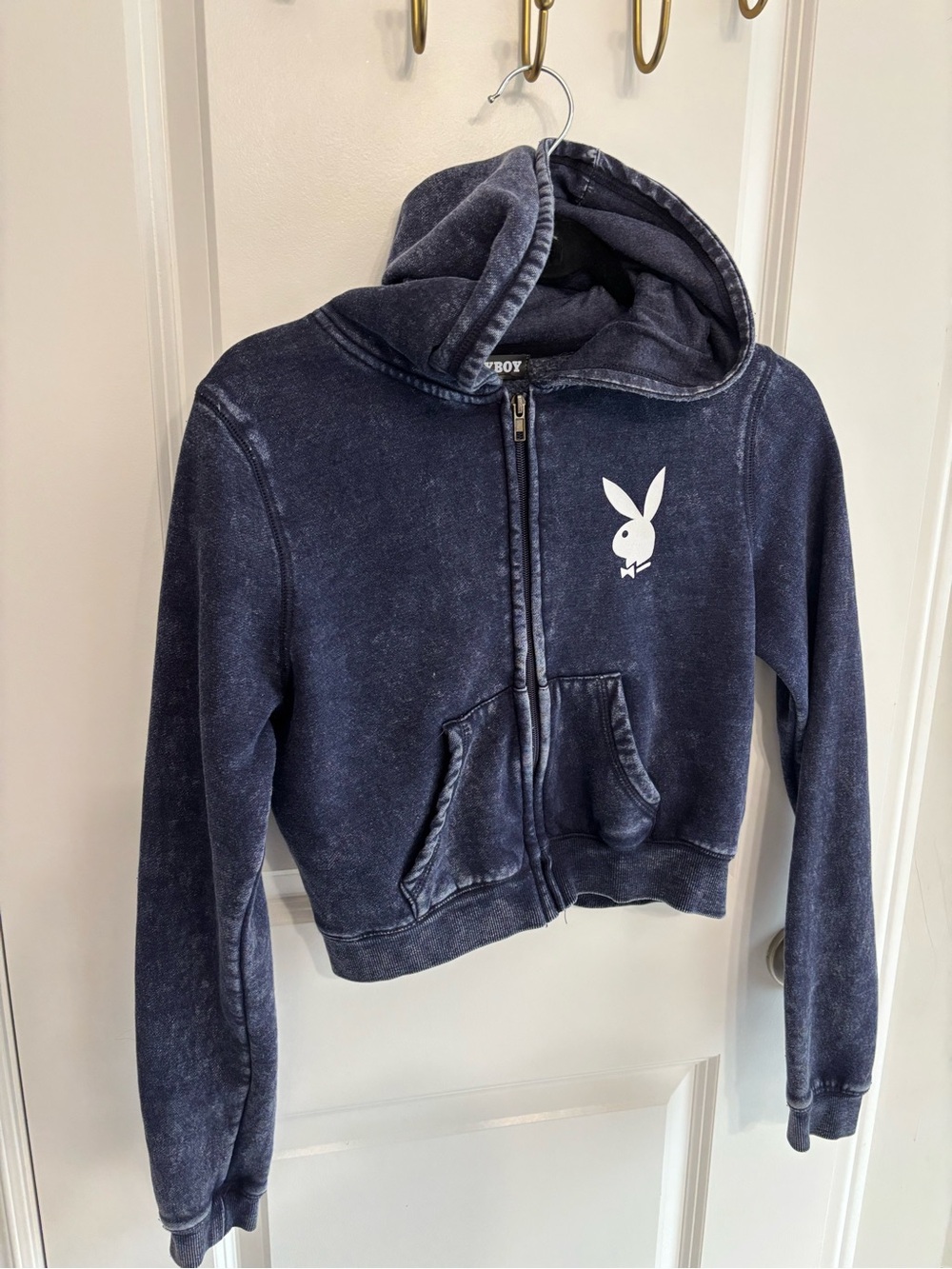 PLAYBOY Washed Navy Zip Hoodie with White Bunny Logo